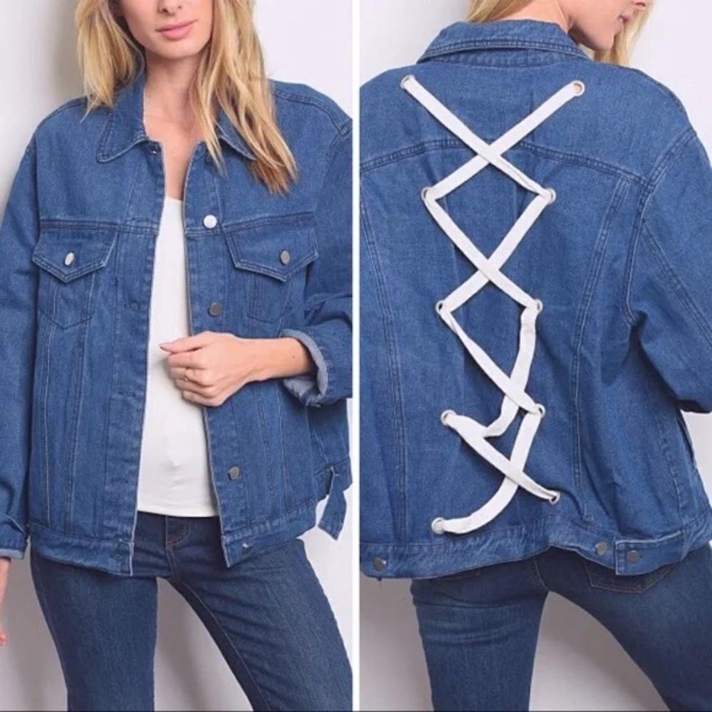 Lush Blue Cotton Denim Jean Jacket Removable Lace Up Back Sz M‎